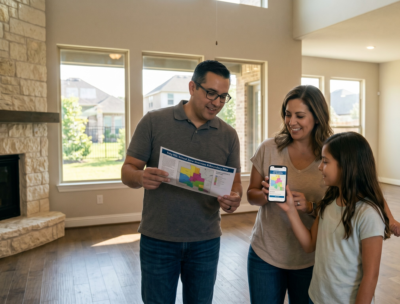 Buyers researching Katy school zones while touring a home.