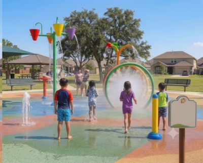 Splash pad fun during summer in Katy, TX at a local park