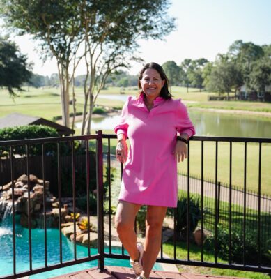 Jamie McMartin enjoying summer in Katy by a backyard pool overlooking a golf course in the Houston suburbs