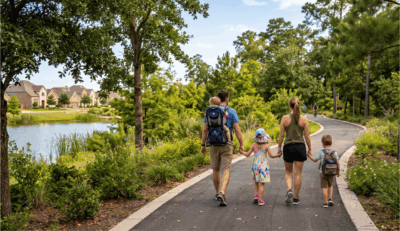 Family enjoying trails in a Katy master-planned community