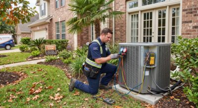 HVAC technician servicing a Houston home's outdoor unit ahead of a fall listing