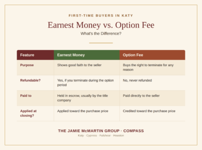 First-time buyers in Katy: earnest money vs. option fee comparison chart