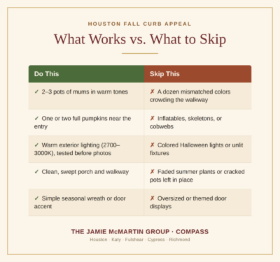 Houston fall curb appeal infographic: what to do vs. skip before listing photos — The Jamie McMartin Group.