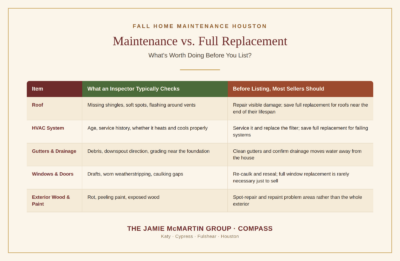 Fall home maintenance Houston chart comparing quick repairs to full replacement projects before listing a home
